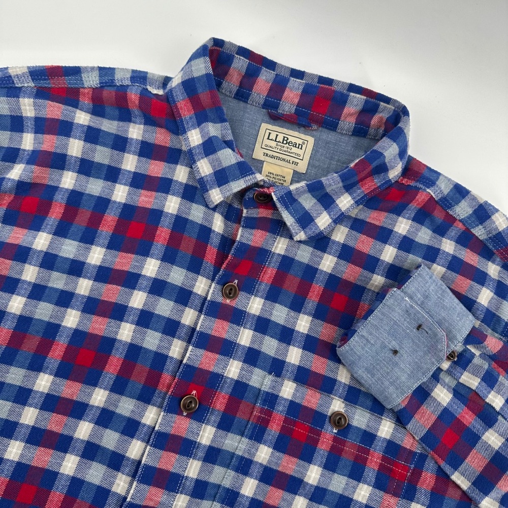 L.L.‎ Bean Mens Flannel Shirt Red Blue Plaid Long Sleeve Traditional Fit Medium